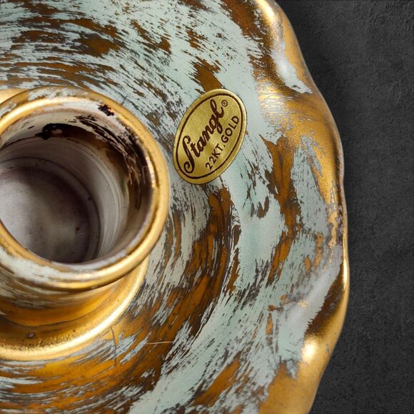 Vintage Stangl 22K Gold Candle Holders #5069 Seafoam Ruffled Mid-Century Pair - Picture 8 of 11